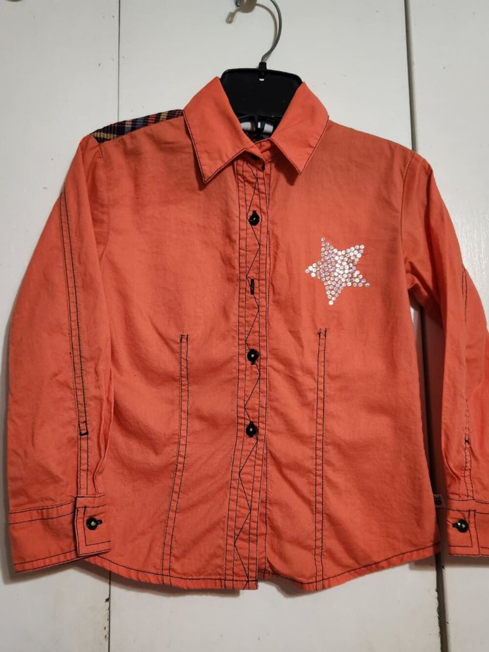 Cruel Girl Western Shirt Girls XS 4/5 Orange Plaid Yoke Sequin Star FLAWS
